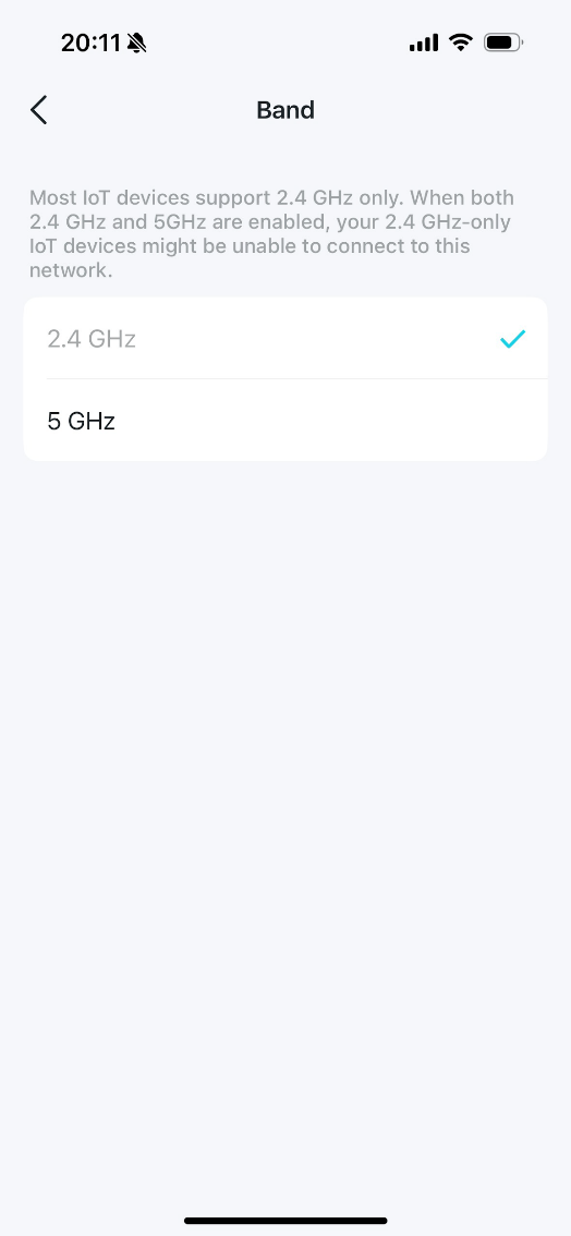 The Band page with two options: 2.GHz, and 5GHz.