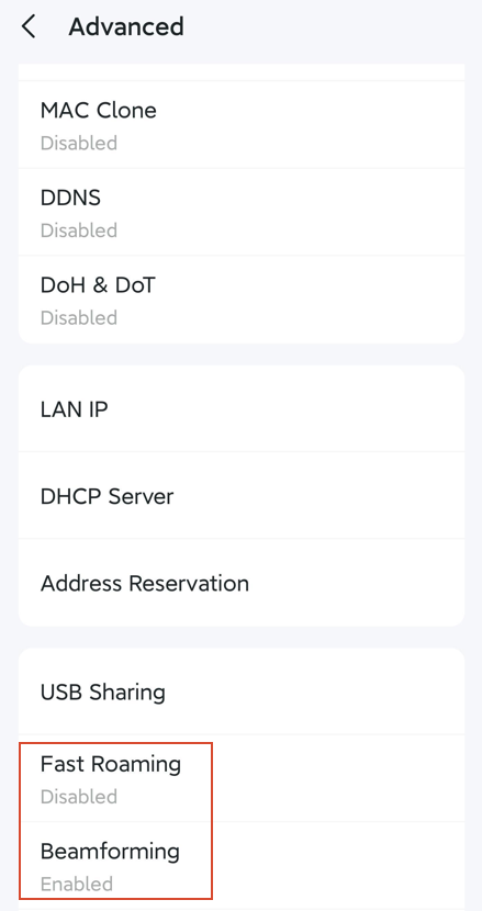 The Fast Roaming and Beamforming positions in the Advanced page.