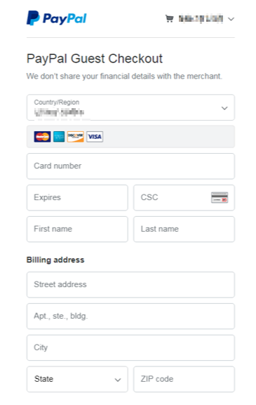PayPal Guest Checkout page.