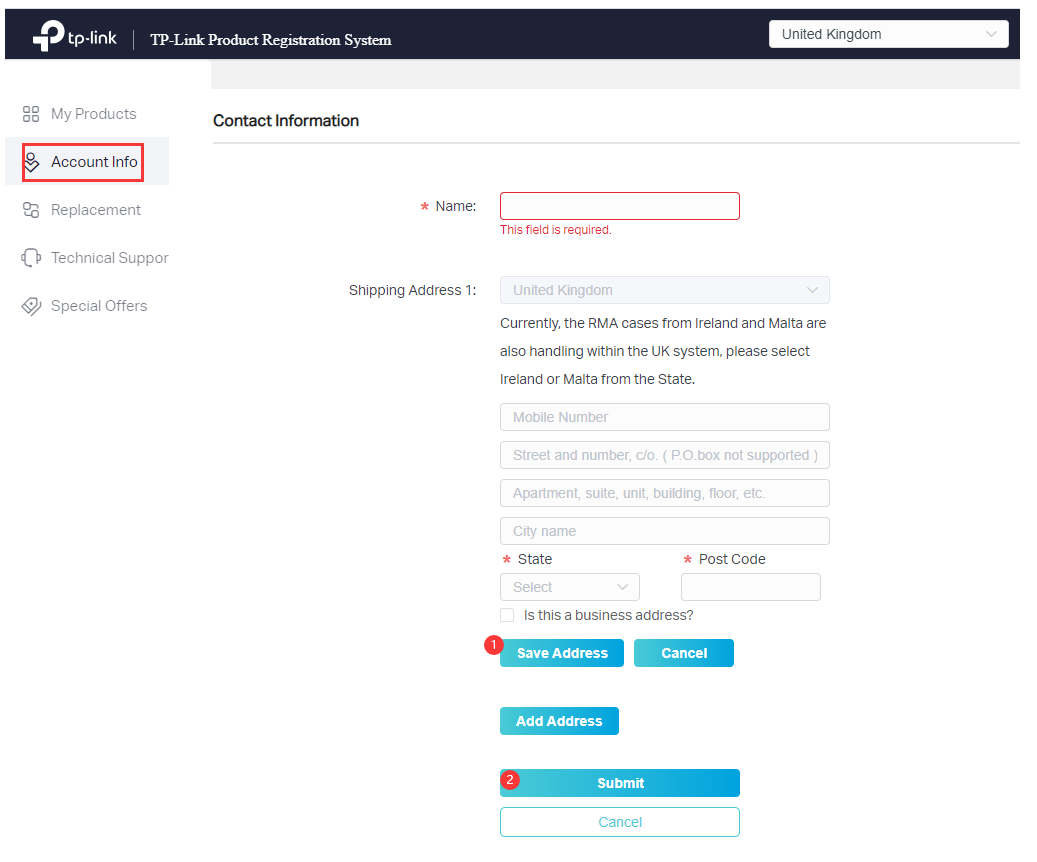 Contact Information page.