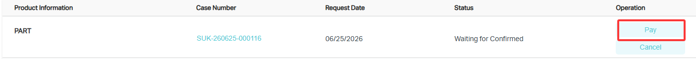 Part RMA case page with pay option highlighted.
