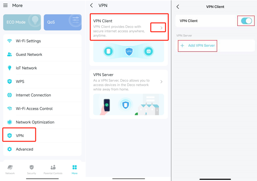 Deco app More menu with VPN highlighted, VPN screen with VPN Client highlighted, and VPN Client screen with toggle and Add VPN Server highlighted.