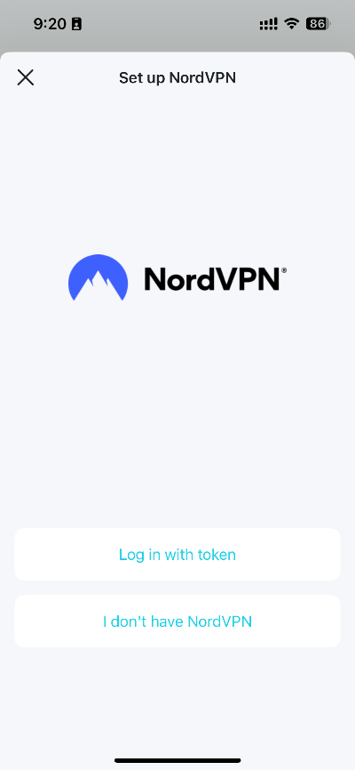 Set up NordVPN screen with Log in with token and I don't have NordVPN options.