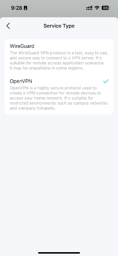 Service Type screen showing WireGuard and OpenVPN options with OpenVPN selected.