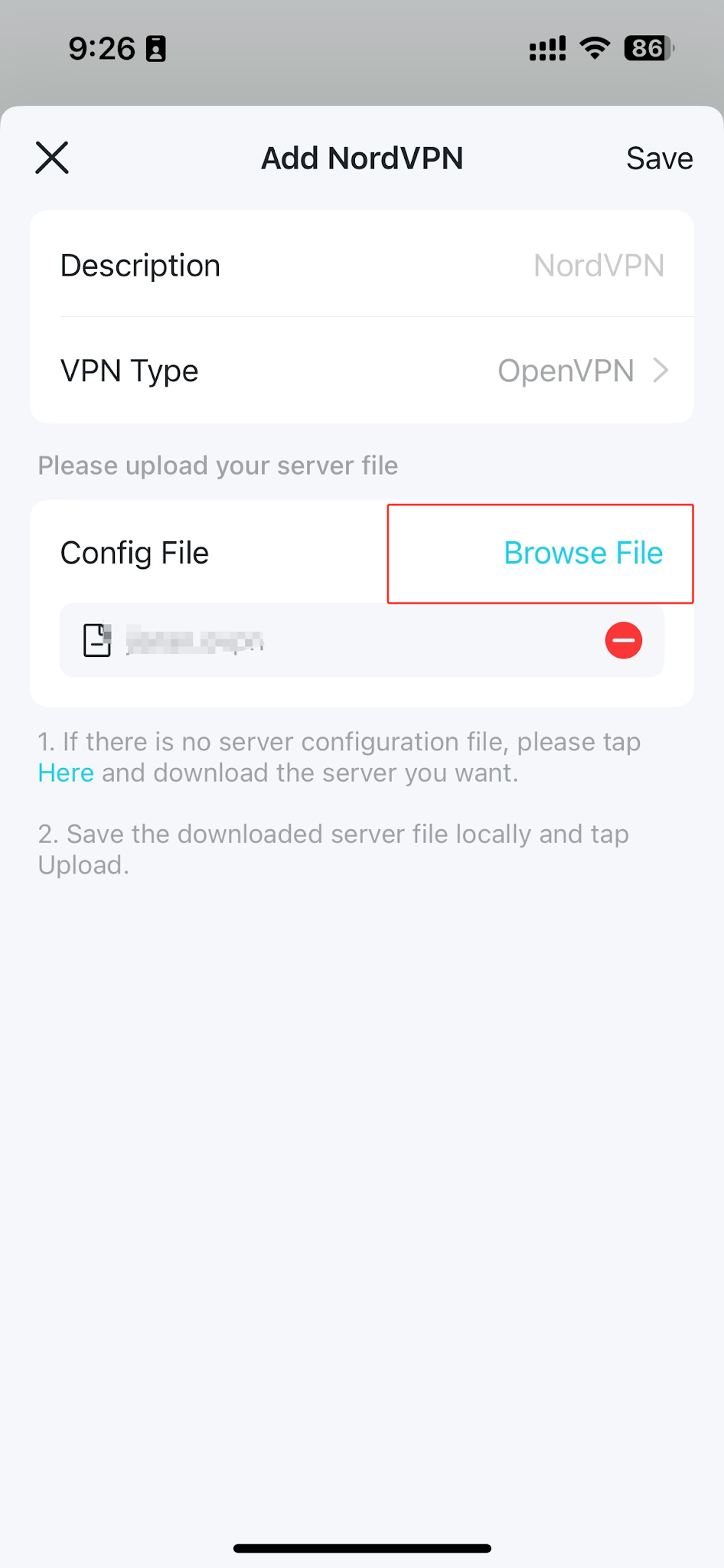Add NordVPN screen with VPN Type set to OpenVPN and Browse File button highlighted to upload config file.