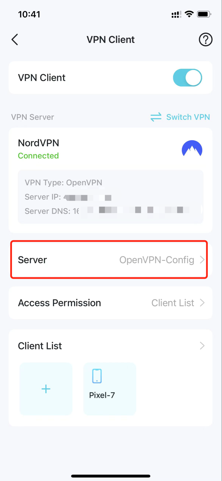 VPN Client screen showing NordVPN connected via OpenVPN with Server set to OpenVPN-Config highlighted.