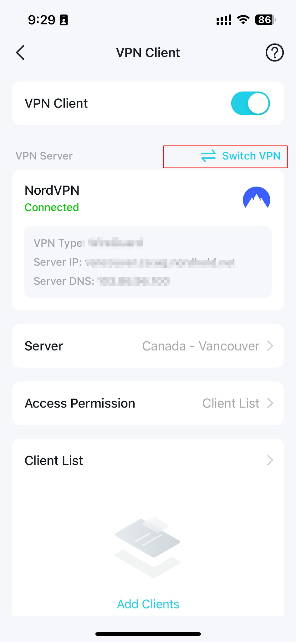 VPN Client screen with VPN Client toggle on, NordVPN connected, Switch VPN highlighted, and Server set to Canada-Vancouver.