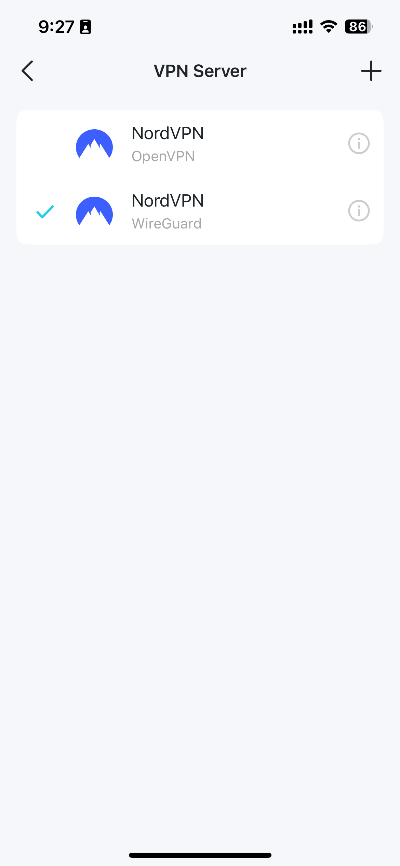 VPN Server list showing two NordVPN entries, OpenVPN and WireGuard, with WireGuard selected.