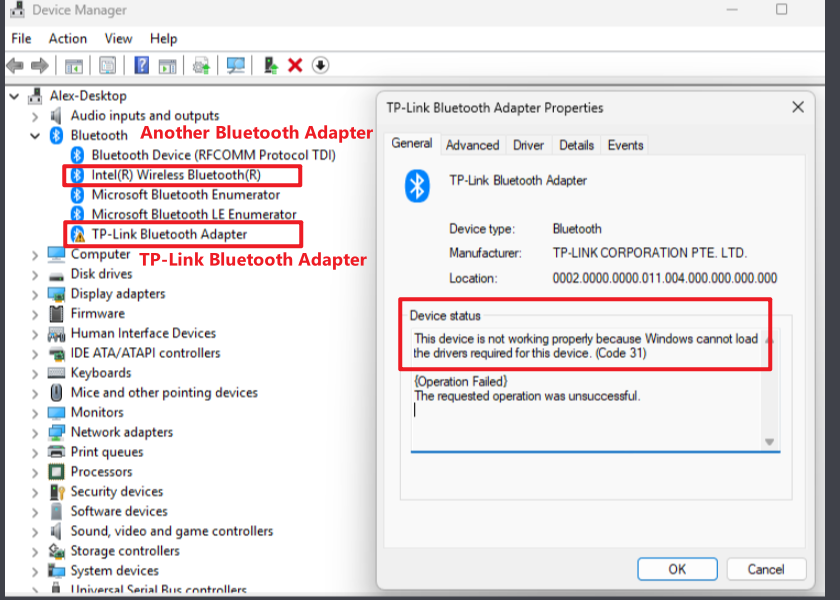 Windows Device Manager showing Intel Wireless Bluetooth and TP-Link Bluetooth Adapter highlighted, with Properties dialog showing Code 31 driver error.