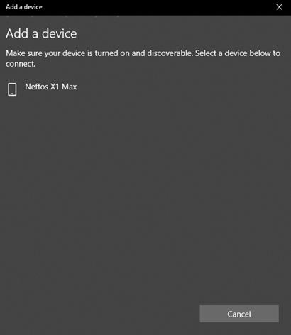 Windows Add a device dialog showing Neffos X1 Max available to pair.