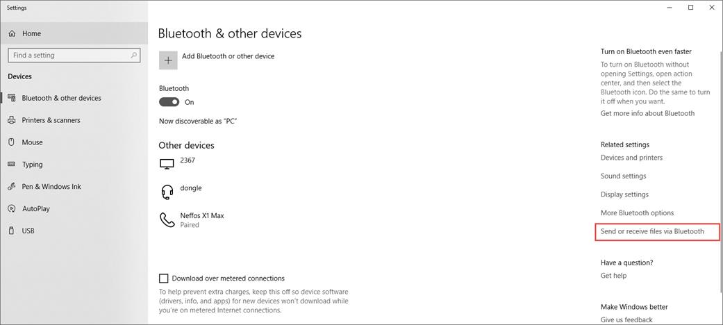 Windows Bluetooth settings showing Neffos X1 Max paired, with Send or receive files via Bluetooth highlighted.