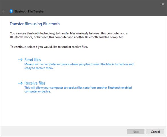 Bluetooth File Transfer dialog with Send files and Receive files options.