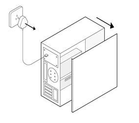 Illustration of unplugging a desktop PC power cable and removing the side panel.