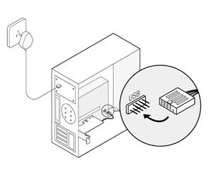 Illustration of connecting the Bluetooth USB cable to the desktop PC's internal USB header.