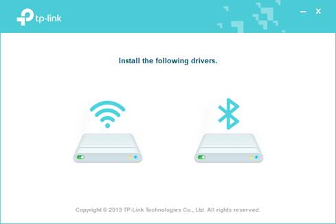TP-Link driver installer showing WiFi and Bluetooth driver icons ready to install.