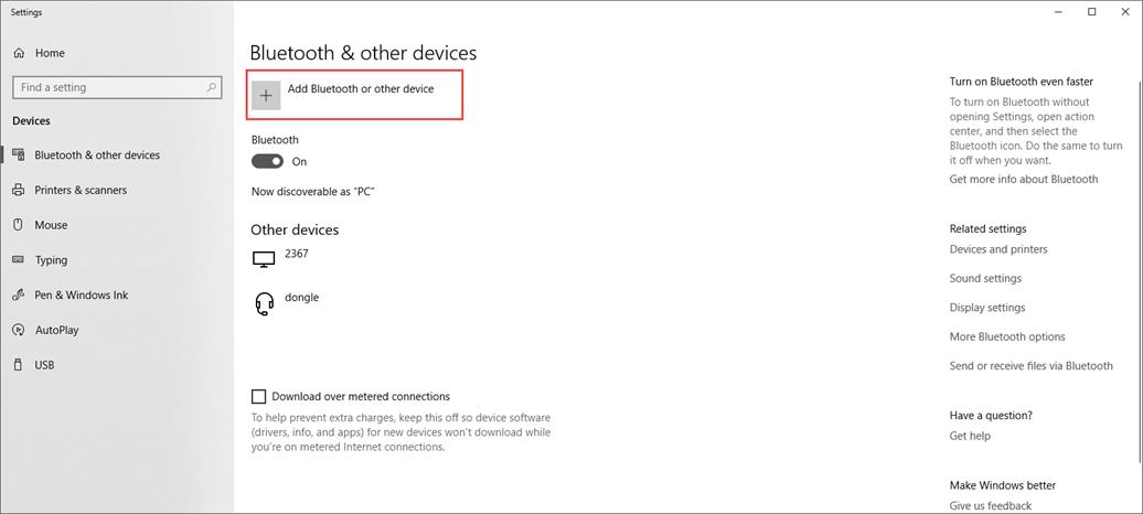 Windows Bluetooth and other devices Settings page with Add Bluetooth or other device highlighted.