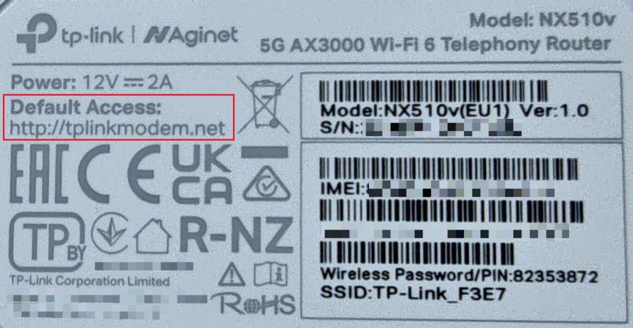 TP-Link NX510v router label with Default Access URL tplinkmodem.net highlighted.