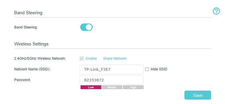 Router Wireless Settings page with Band Steering enabled and 2.4GHz/5GHz network name and password shown.