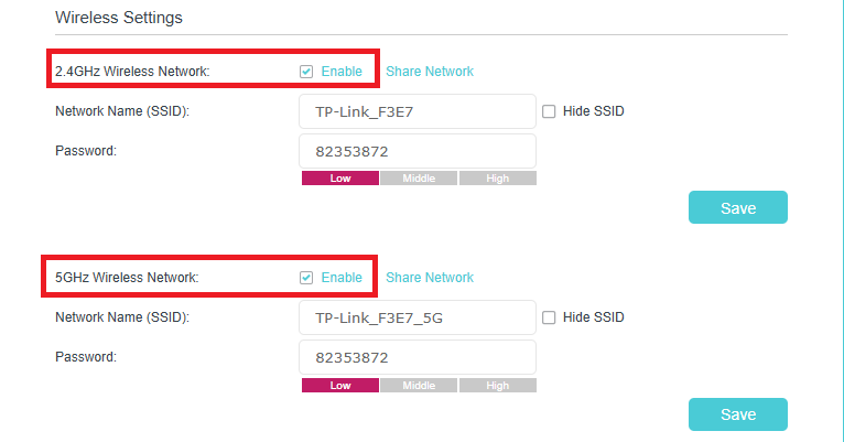 Router Wireless Settings page with 2.4GHz and 5GHz Wireless Network enable checkboxes highlighted.