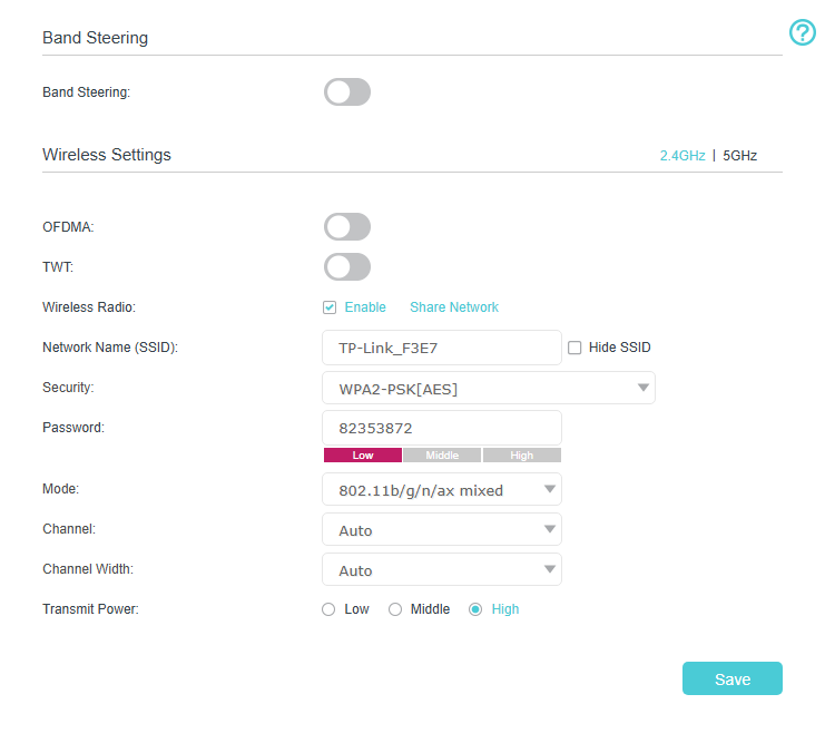 Router Wireless Settings page with Band Steering off showing advanced options including OFDMA, TWT, security, mode, channel, and transmit power.