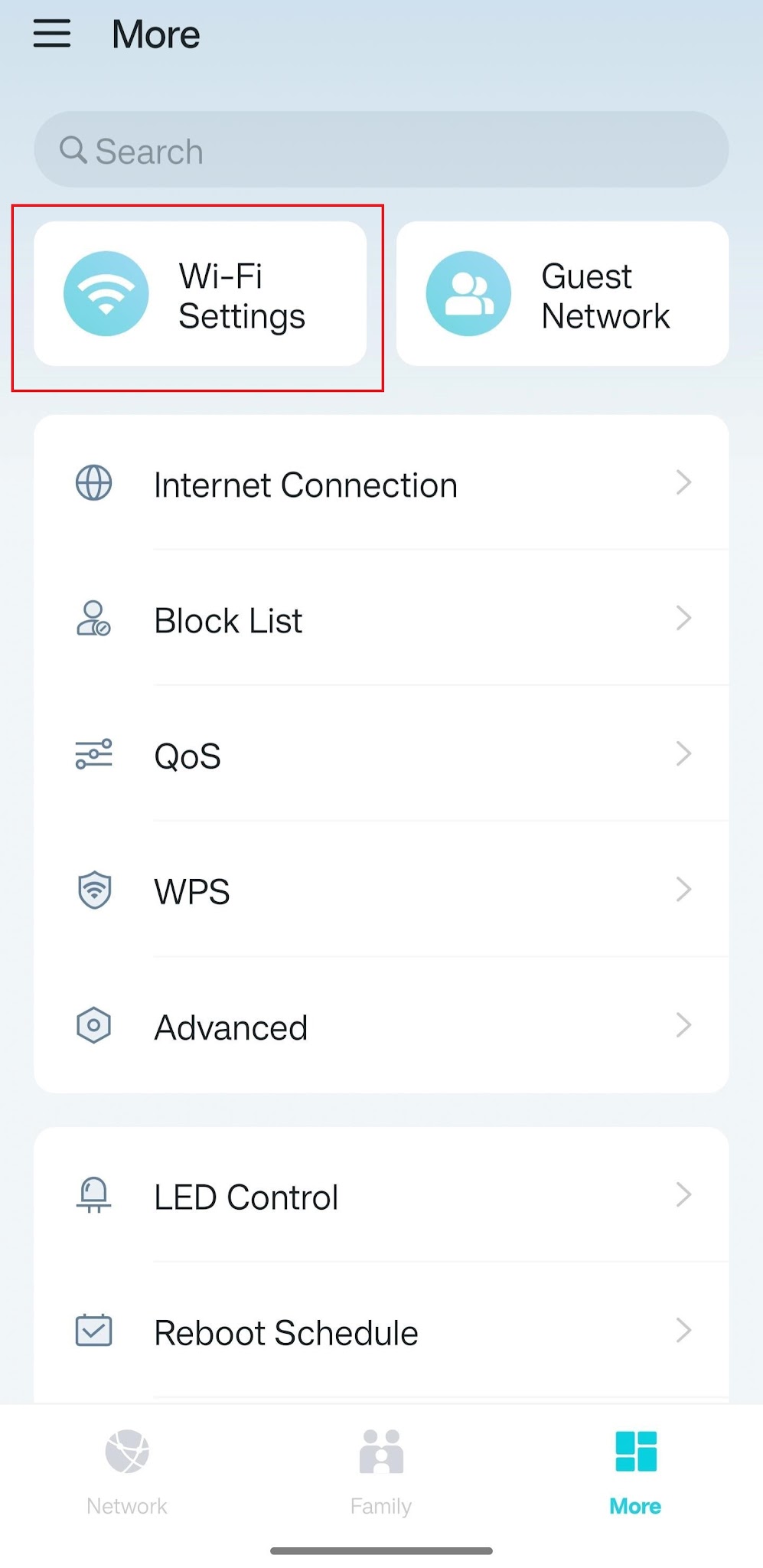 Tether app More screen with Wi-Fi Settings highlighted and additional options including Guest Network, QoS, WPS, and Advanced.