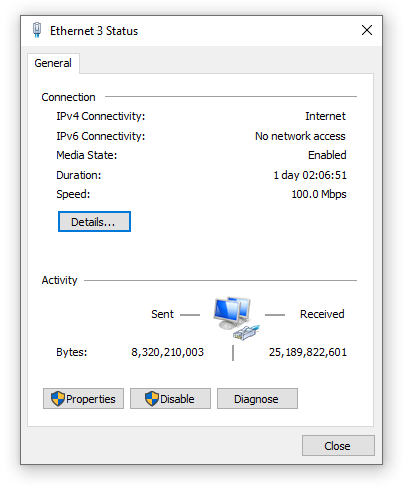 Windows Ethernet Status dialog with Details button highlighted, showing IPv4 connectivity and speed at 100.0 Mbps.