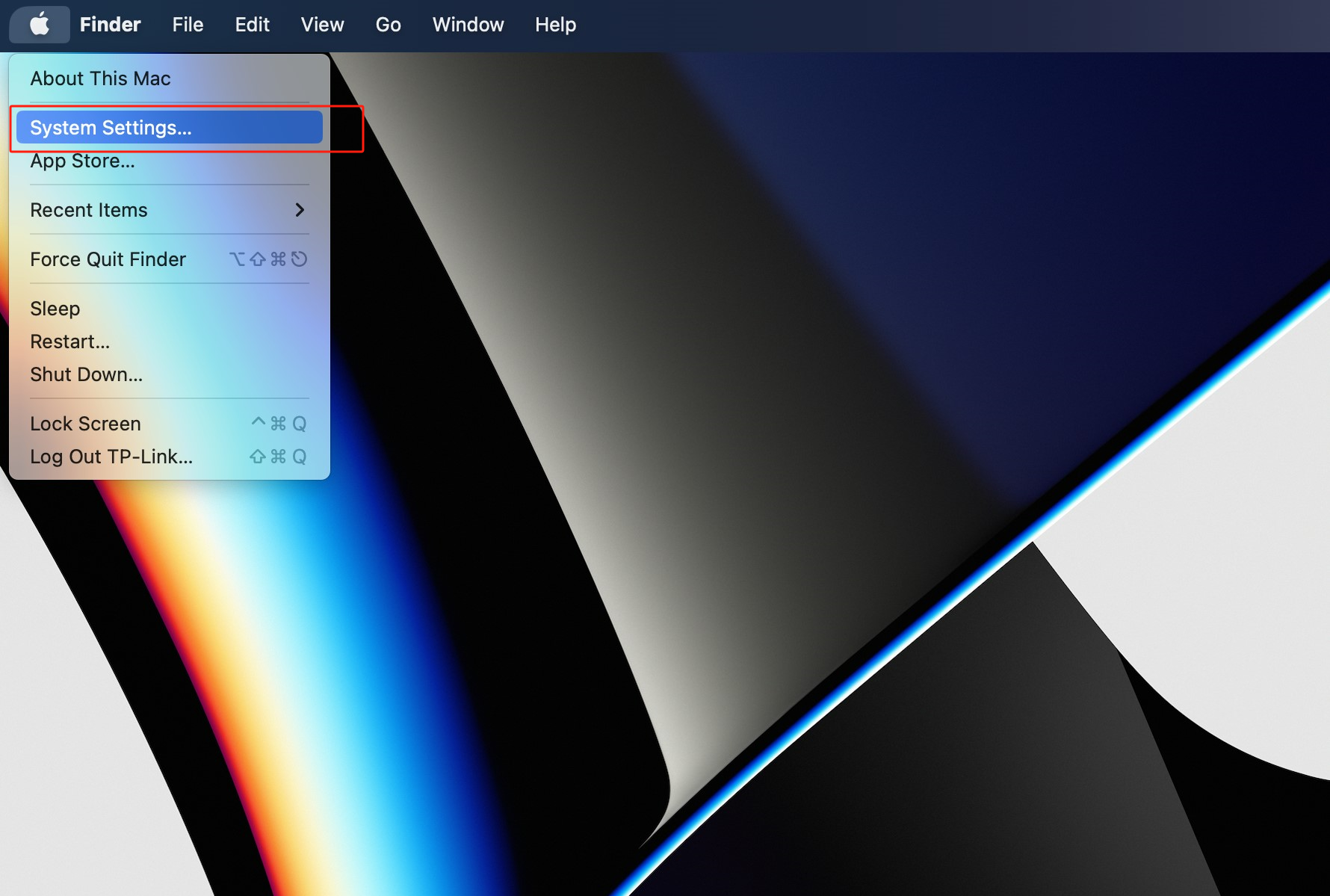 Mac Apple menu open with System Settings highlighted and outlined in red.