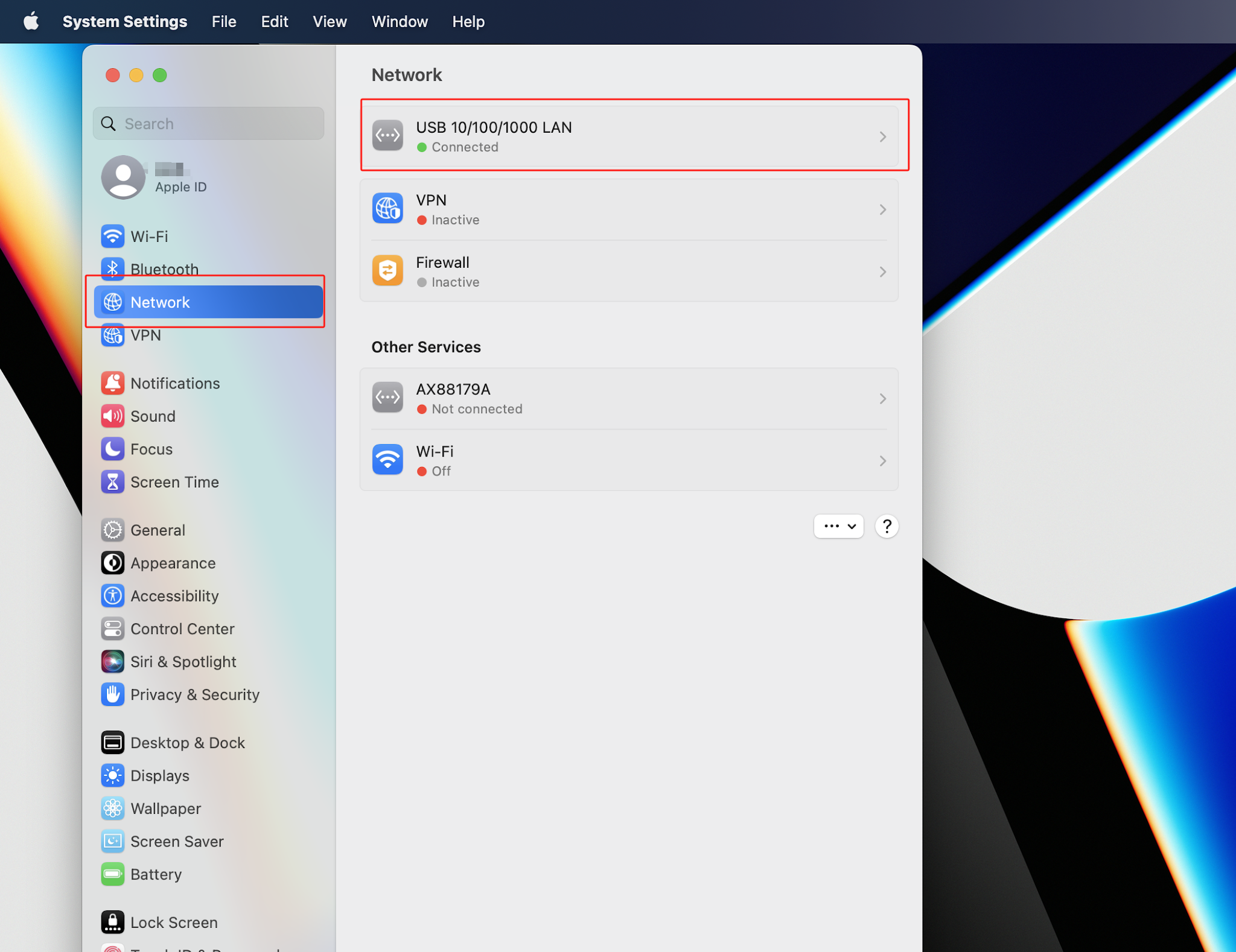 Mac System Settings Network page with Network selected in the sidebar and USB 10/100/1000 LAN connected, highlighted in red.