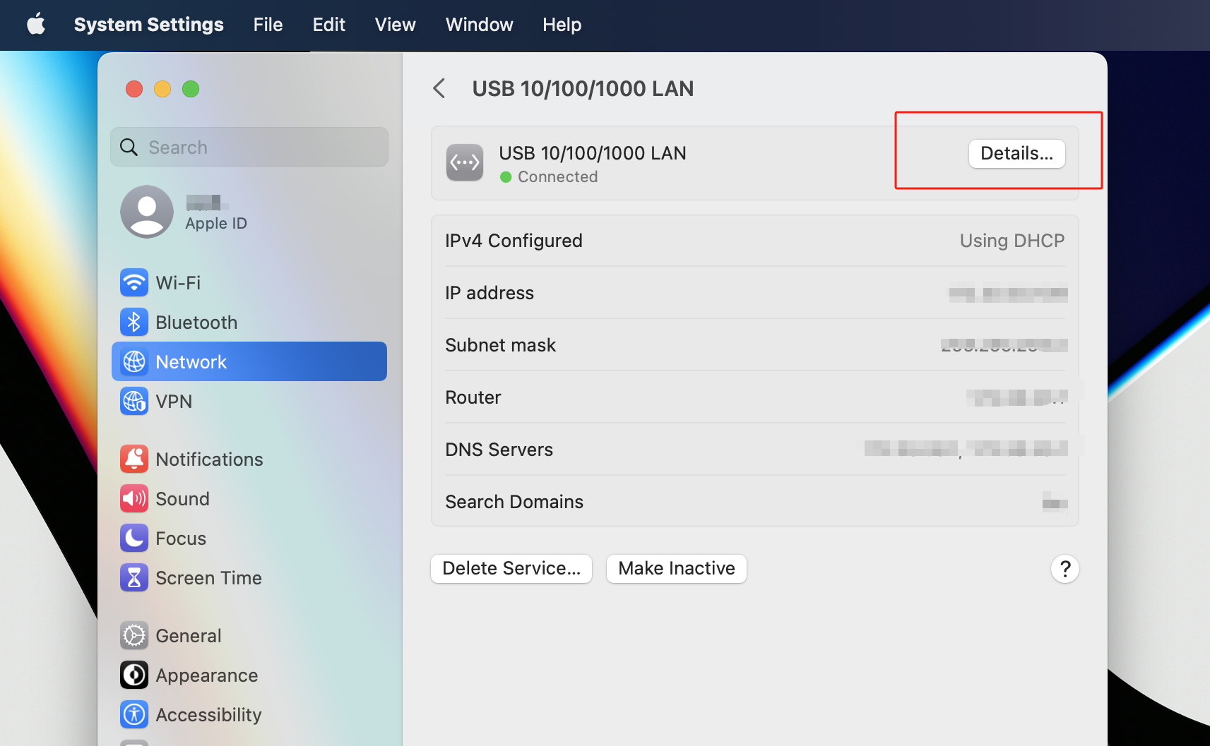Mac System Settings showing USB 10/100/1000 LAN details with IP address, subnet mask, router, and DNS, with Details button highlighted.