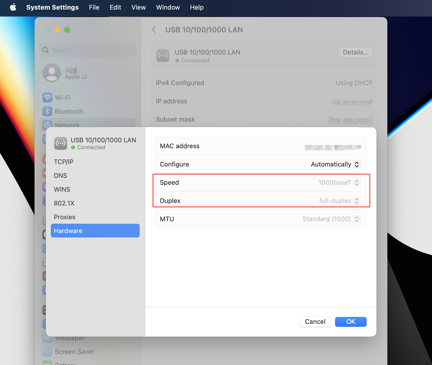 Mac LAN Hardware settings dialog with Speed set to 1000baseT and Duplex set to full-duplex, both highlighted in red.