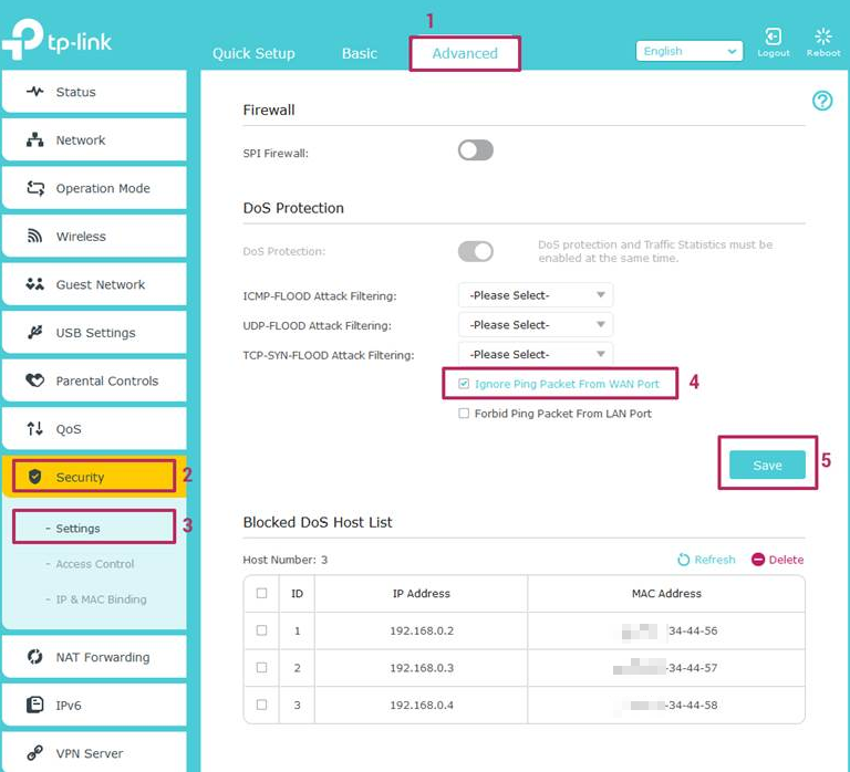 TP-Link router web UI with steps 1 Advanced tab, 2 Security, 3 Settings, 4 Ignore Ping Packet From WAN Port checked, and 5 Save highlighted.
