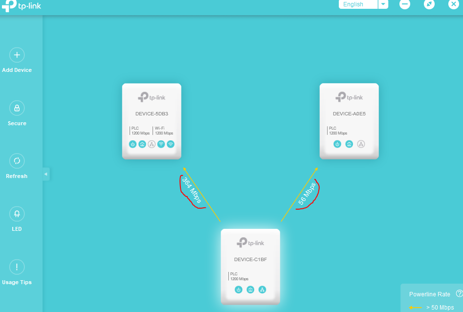 TP-Link powerline utility showing three paired devices with powerline rates of 364 Mbps and 56 Mbps between them.