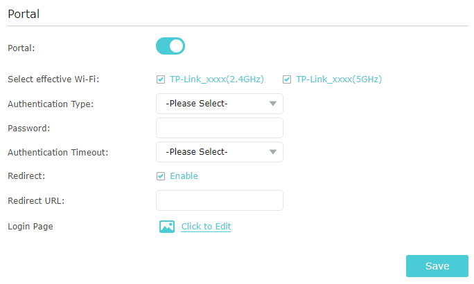 TL-WA1201 Portal settings page with Portal toggle enabled, both Wi-Fi bands checked, and authentication and redirect fields shown.