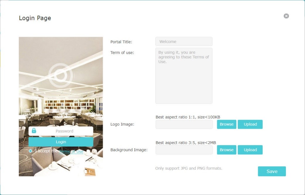 Portal Login Page editor showing a preview with a restaurant background, and fields for Portal Title, Terms of Use, Logo, and Background Image.