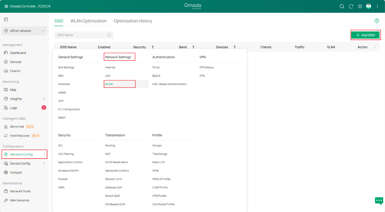 Omada Controller Network Config > Network Settings > WLAN page showing “+ Add SSID” button to create SSID.