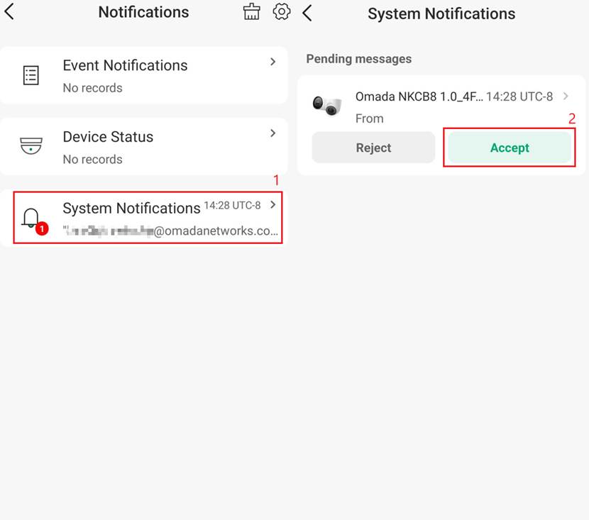Accepting a device-sharing invitation from the Notifications page in the Omada Guard App.