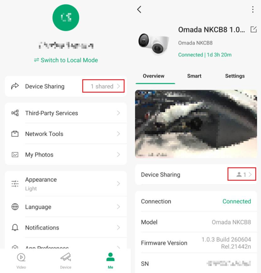Device Sharing page showing the number of shared devices and the TP-Link IDs with access.
