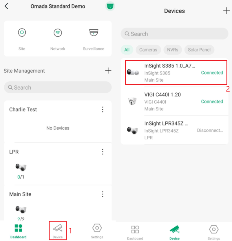 Omada Guard App showing the selected organization and the Device page.