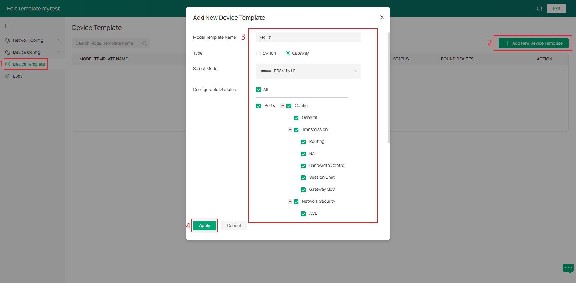 Add New Device Template dialog showing the new template named "ER_01" for ER8411 with all configuration modules enabled.
