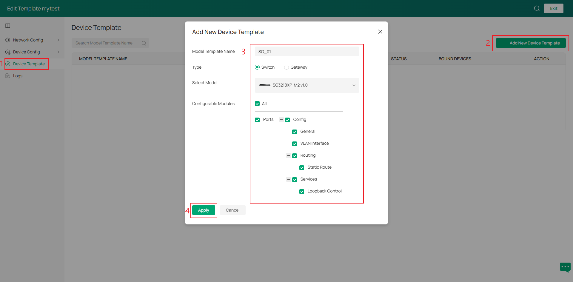 Add New Device Template dialog showing the new template named "SG_01" for SG3218XP-M2 with all configuration modules enabled.