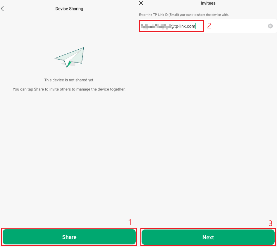 Entering the invitee’s TP-Link ID to share a device in the Omada Guard App.
