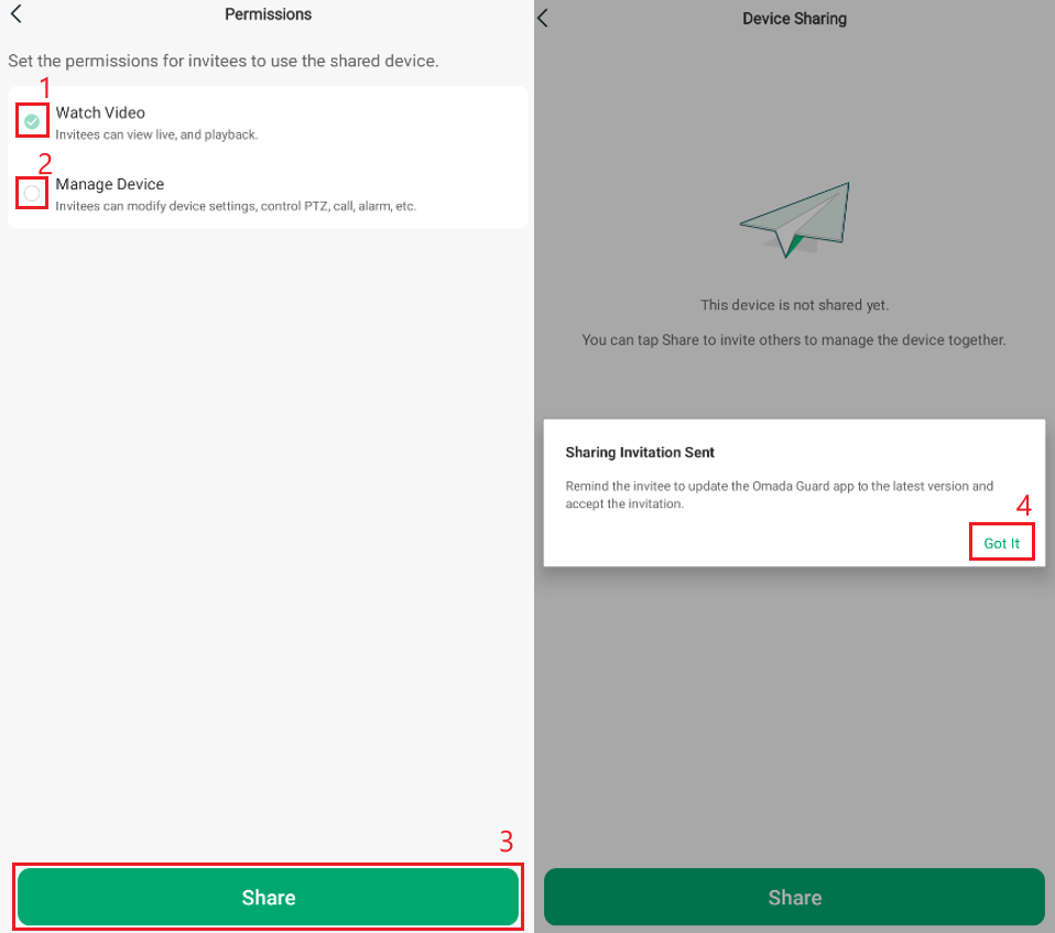Selecting the invitee's permission level and sending the device-sharing invitation.