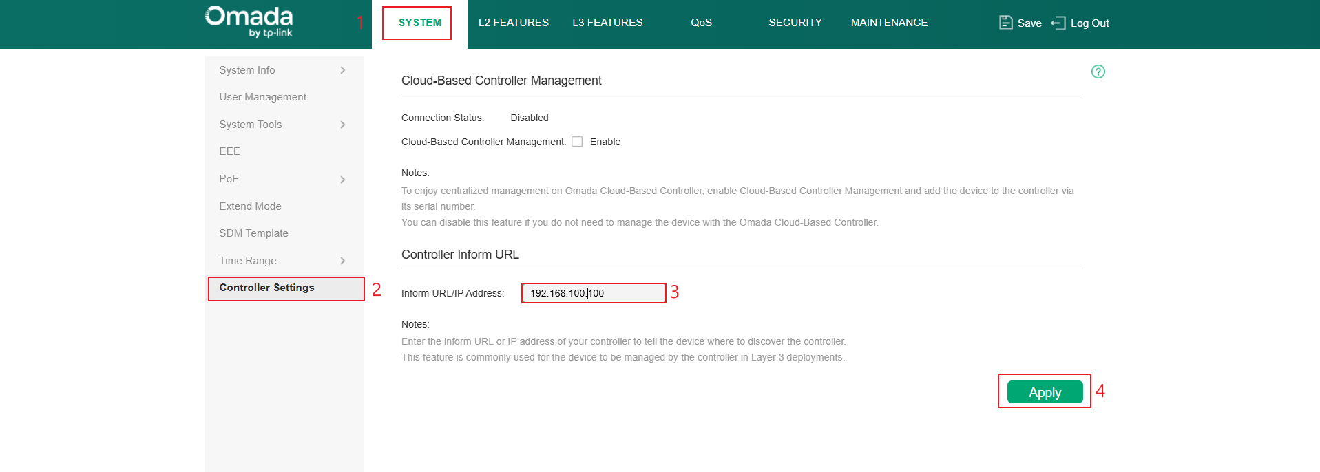 Shows navigation path to adding inform URL/IP address. 