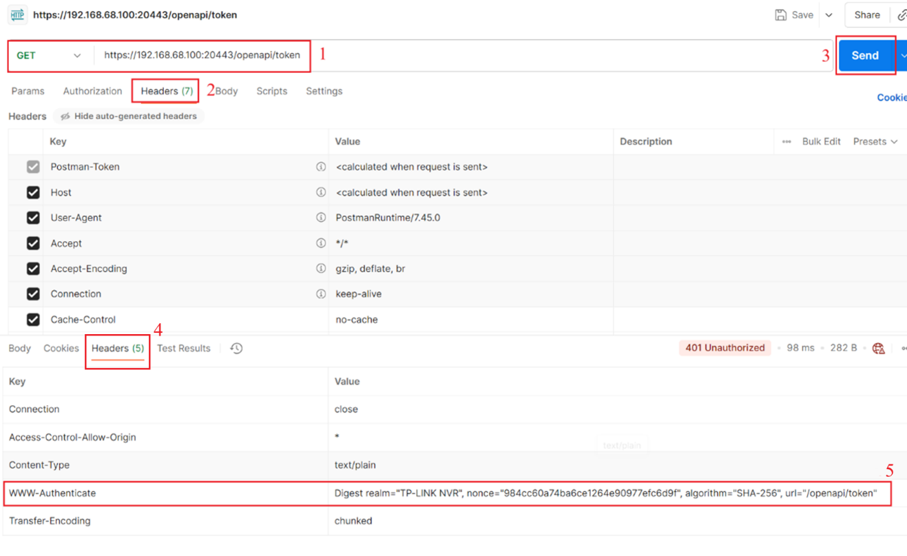 Obtain nonce and other parameters from the response header.