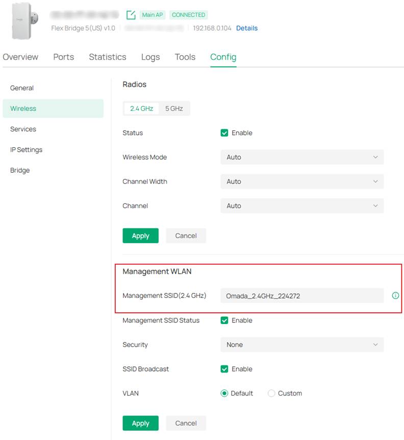 Management WLAN settings page shared between Sector Bridge 5 and Flex Bridge 5.
