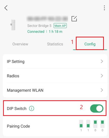 Device configuration page with the DIP Switch option highlighted for bridge device management.
