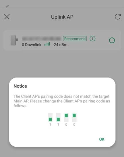 Error message when DIP Switch is enabled and the pairing code of the Client AP does not match.