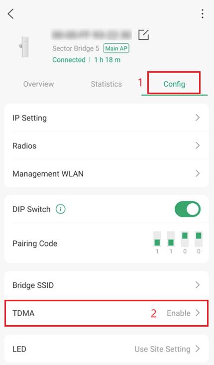 TDMA settings function in Omada App found in Config settings of the device.