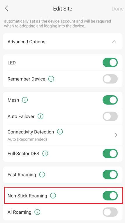 Wireless features settings page on Omada App with Non-stick roaming feature enabled.