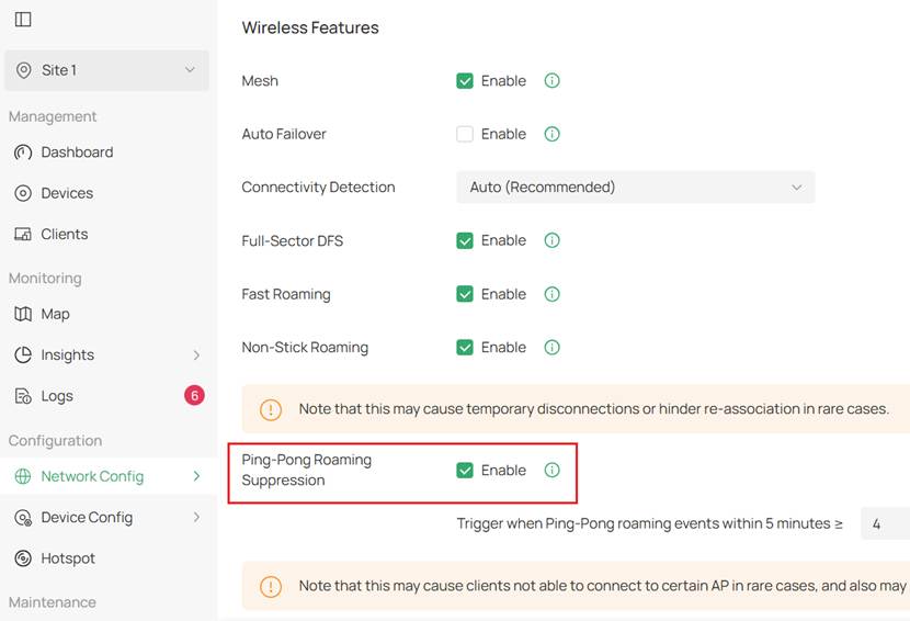 Wireless features settings page on Omada Controller with Ping-Pong Roaming Suppression enabled.